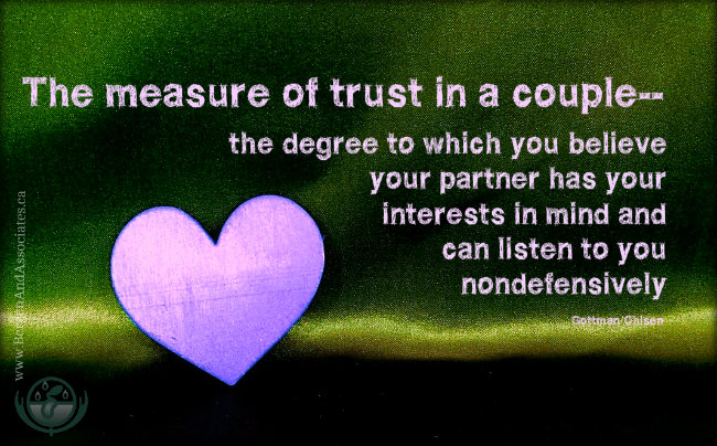 measure of trust—the degree to which you believe your partner has your interests in mind and can listen to you non defensively, Quote from Ohlsen, idea by John Gottman